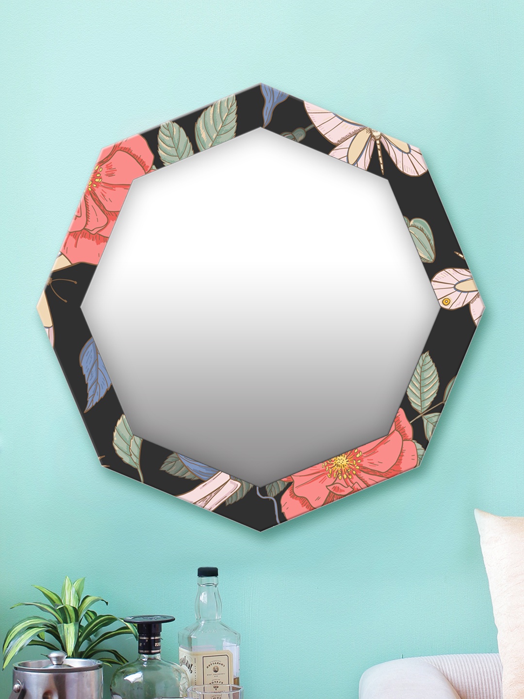 

999Store Black & Pink Printed MDF Wall Mirror