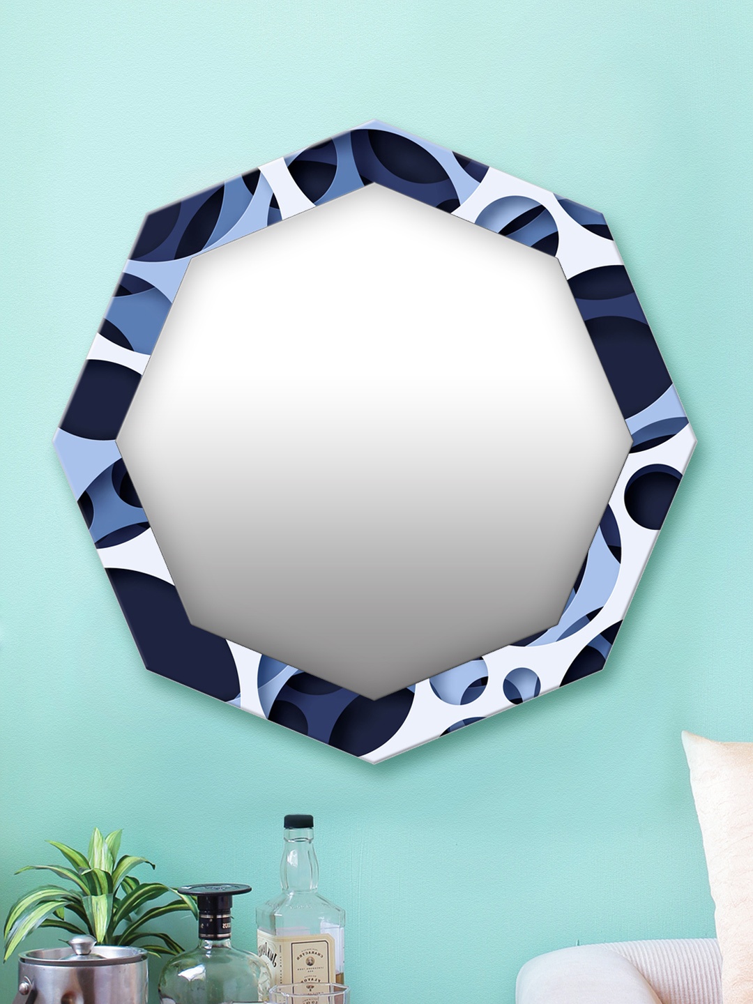 

999Store Black & Blue Printed MDF Wall Mirror