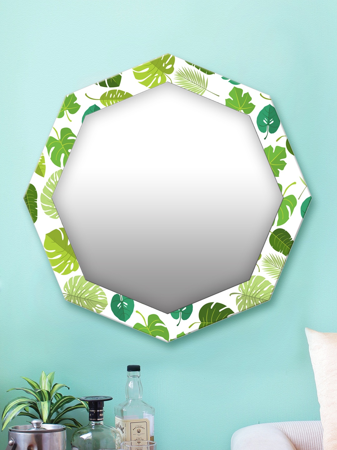 

999Store Green & White Printed MDF Wall Mirror
