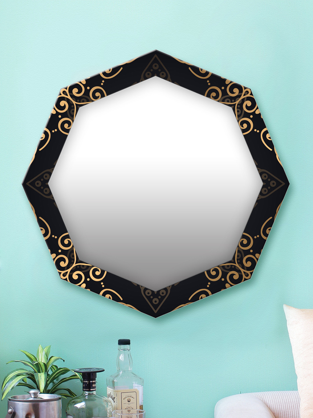 

999Store Black & Gold Printed MDF Wall Mirror