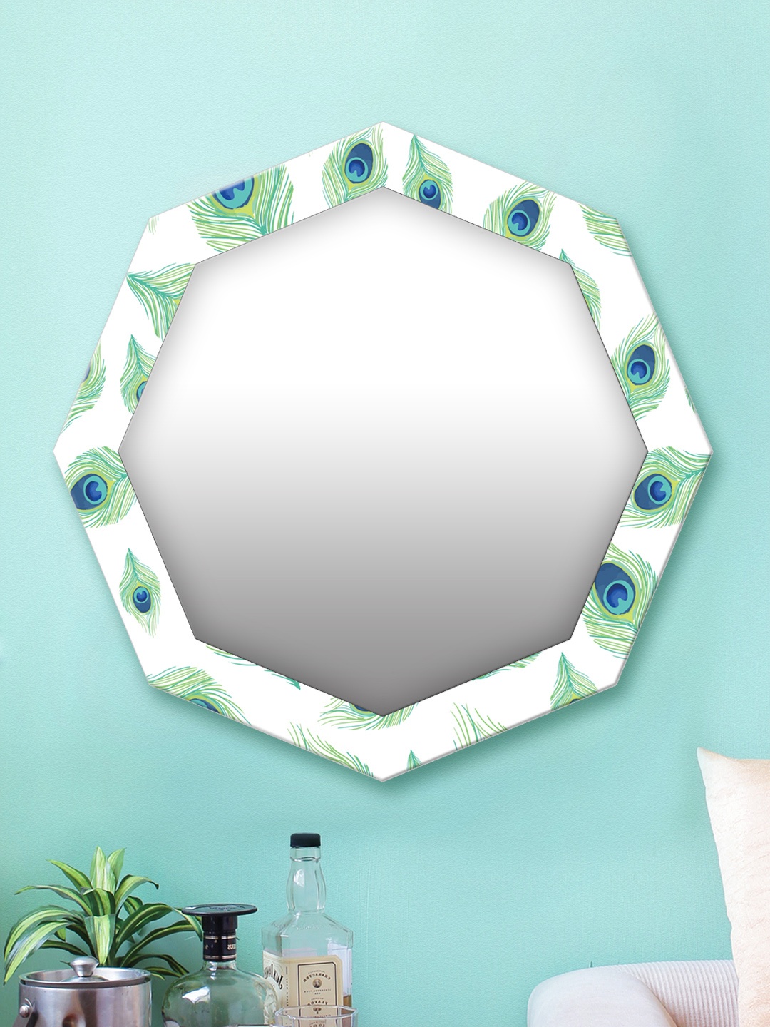 

999Store White & Green Printed MDF Wall Mirror