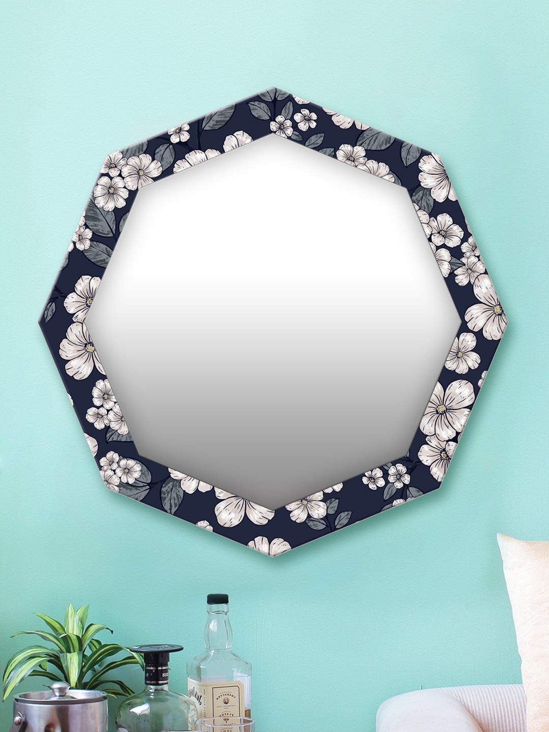 

999Store White & Blue Printed MDF Wall Mirror