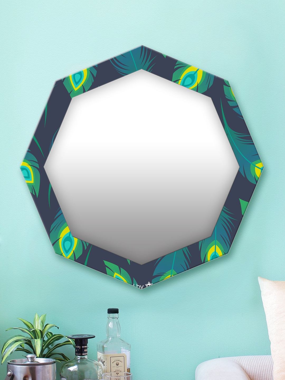 

999Store Green & Blue Printed MDF Wall Mirror