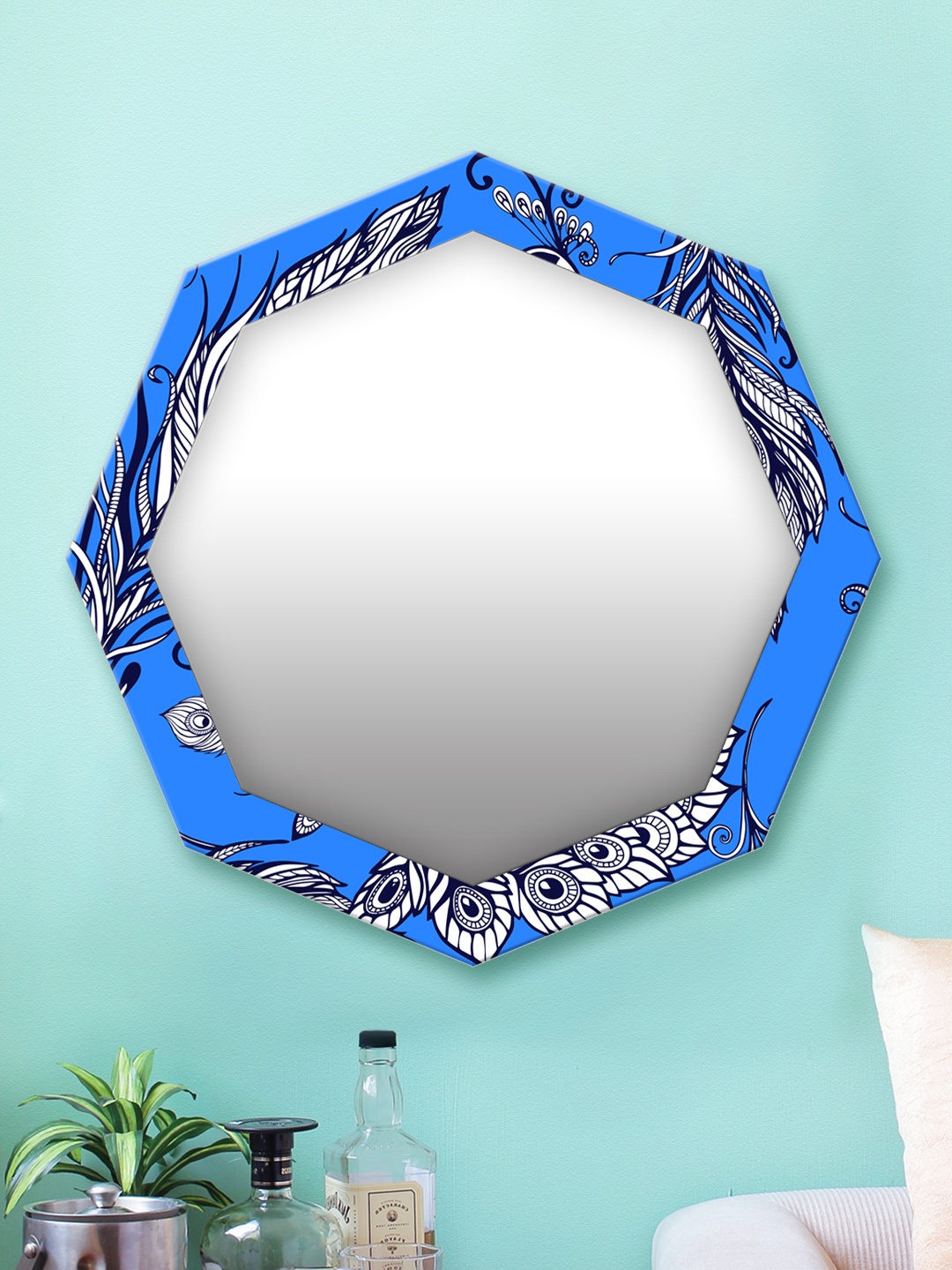 

999Store Blue & White Printed MDF Wall Mirror