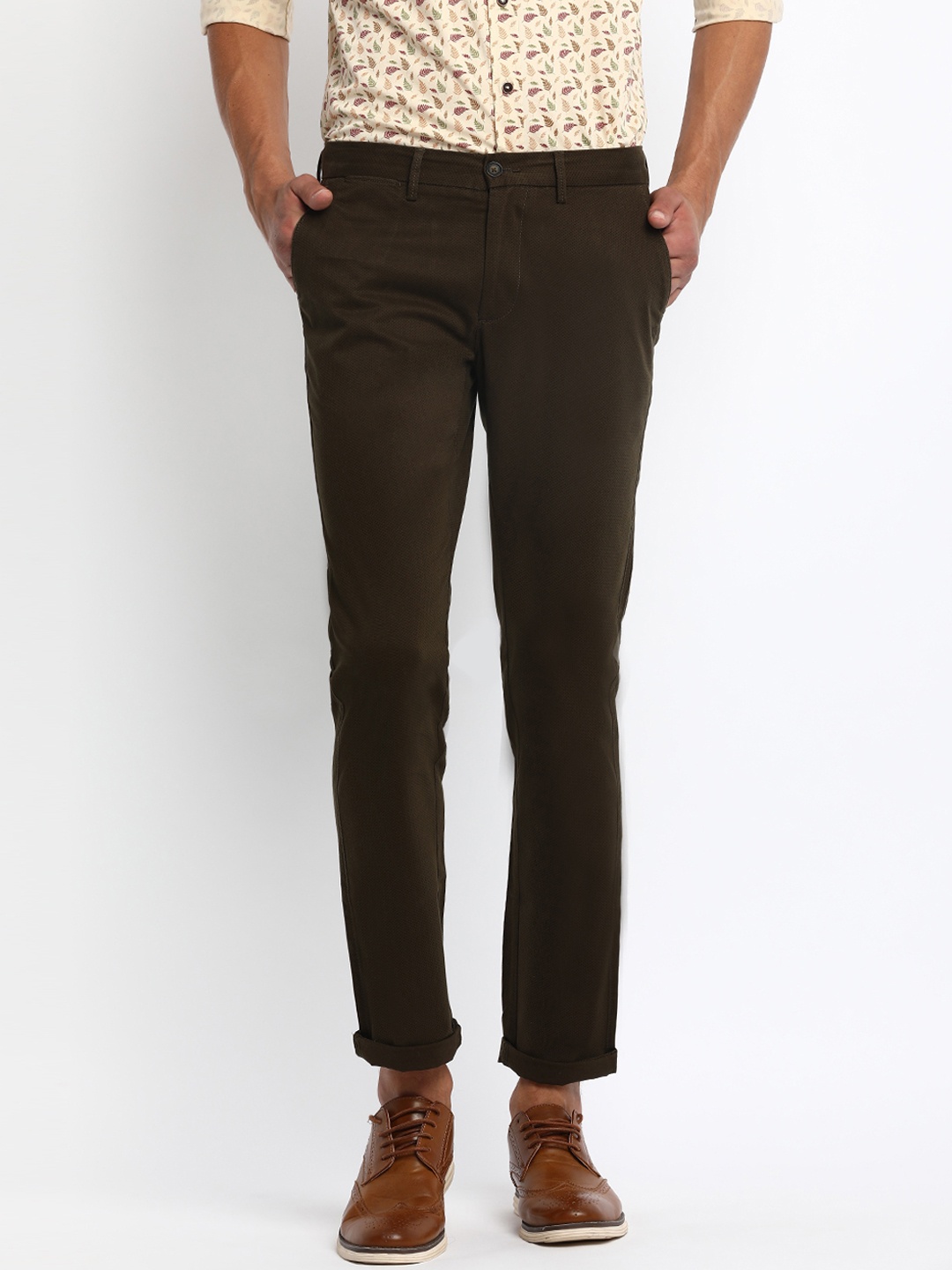 

Basics Men Olive Green Skinny Fit Self Design Regular Trousers