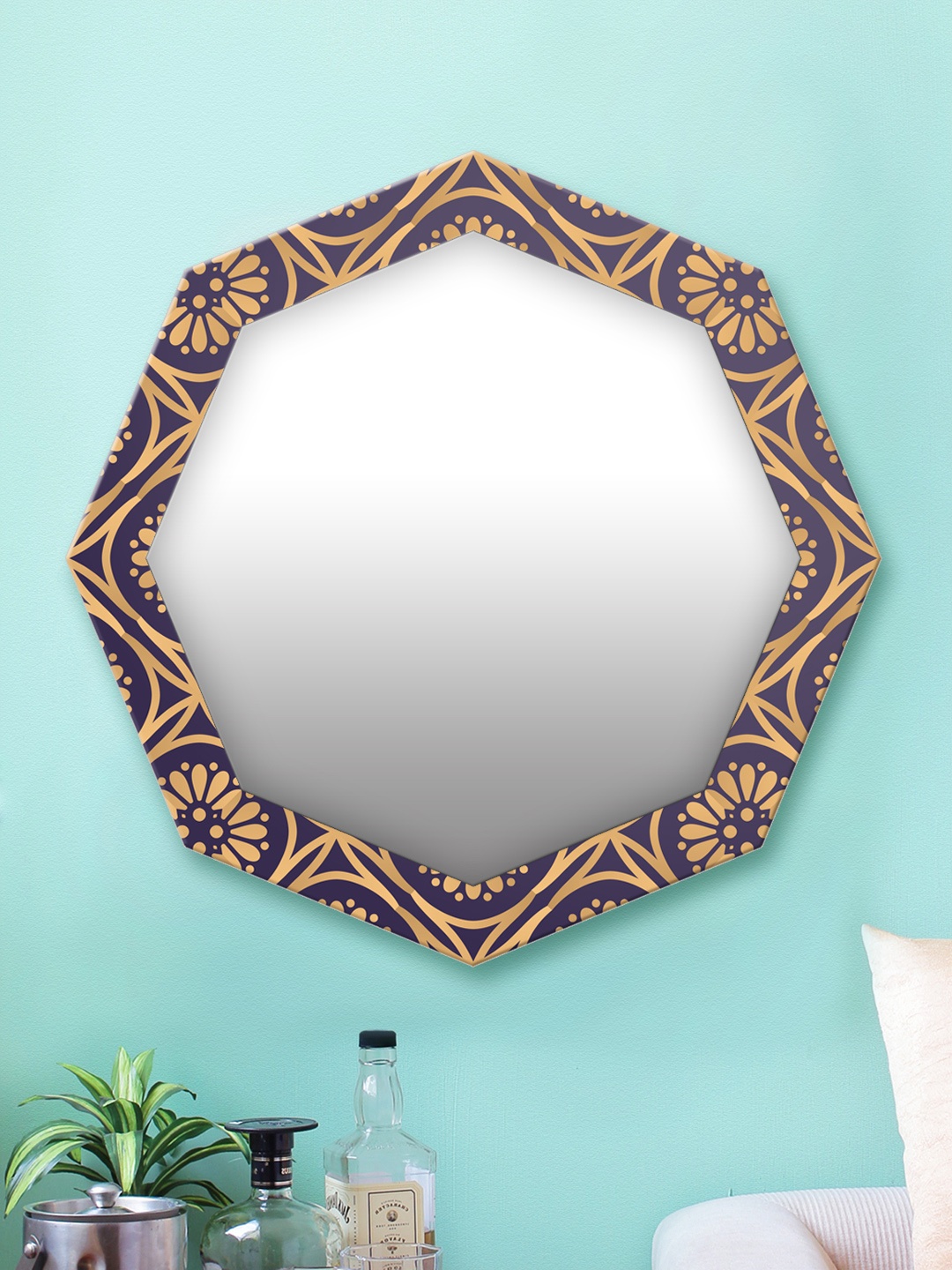 

999Store Blue & Gold Printed MDF Wall Mirror