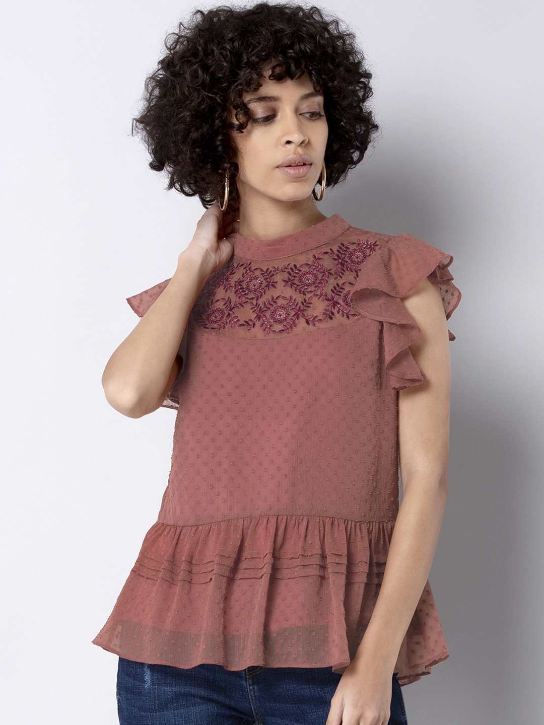 

FabAlley Women Brown Self Design A-Line Top