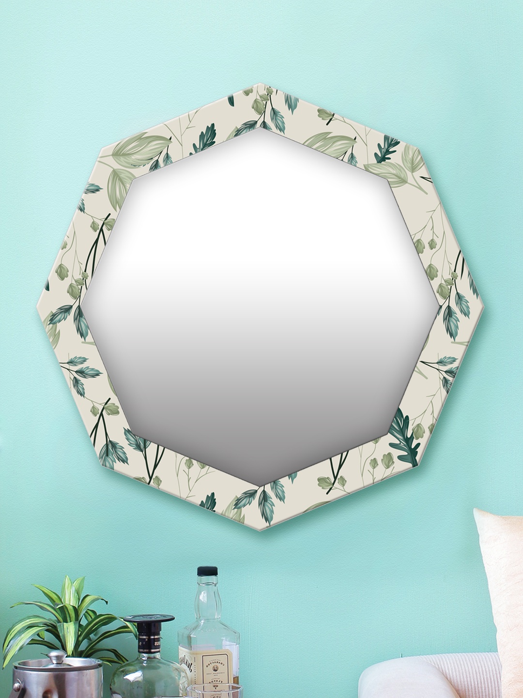 

999Store Green & White Printed MDF Wall Mirror