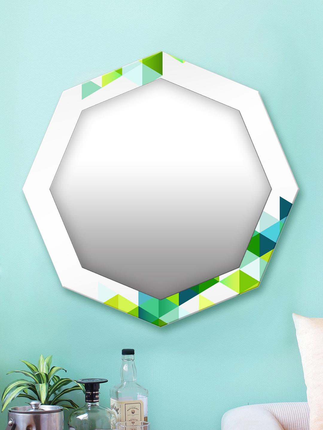 

999Store White & Green Printed MDF Wall Mirror