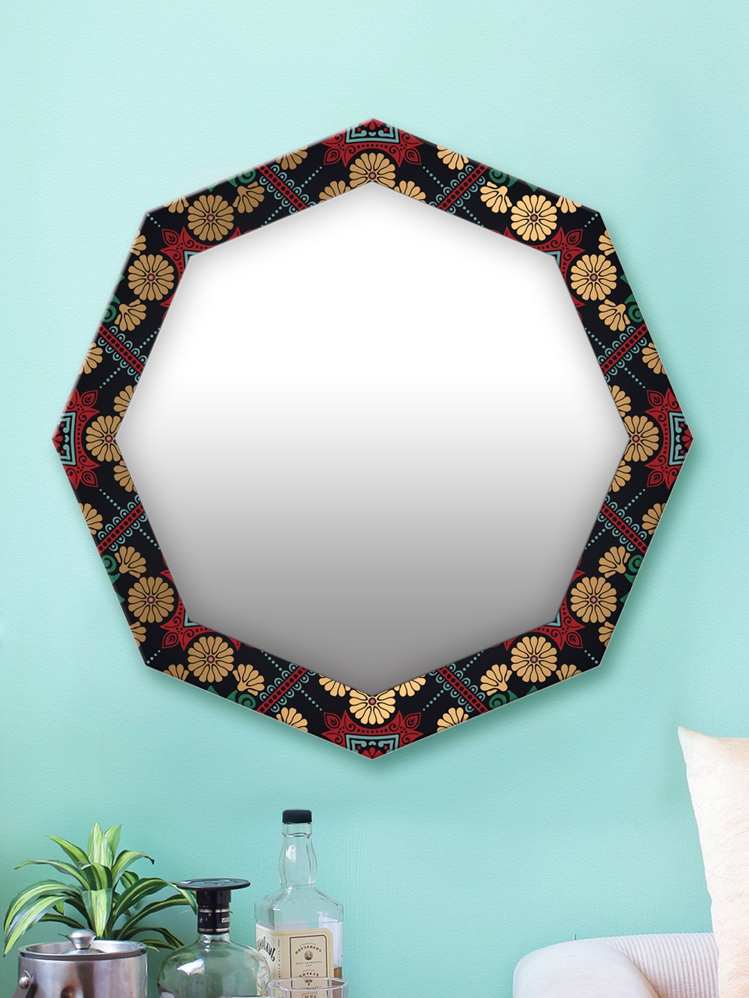 

999Store Black & Multicoloured Printed MDF Wall Mirror