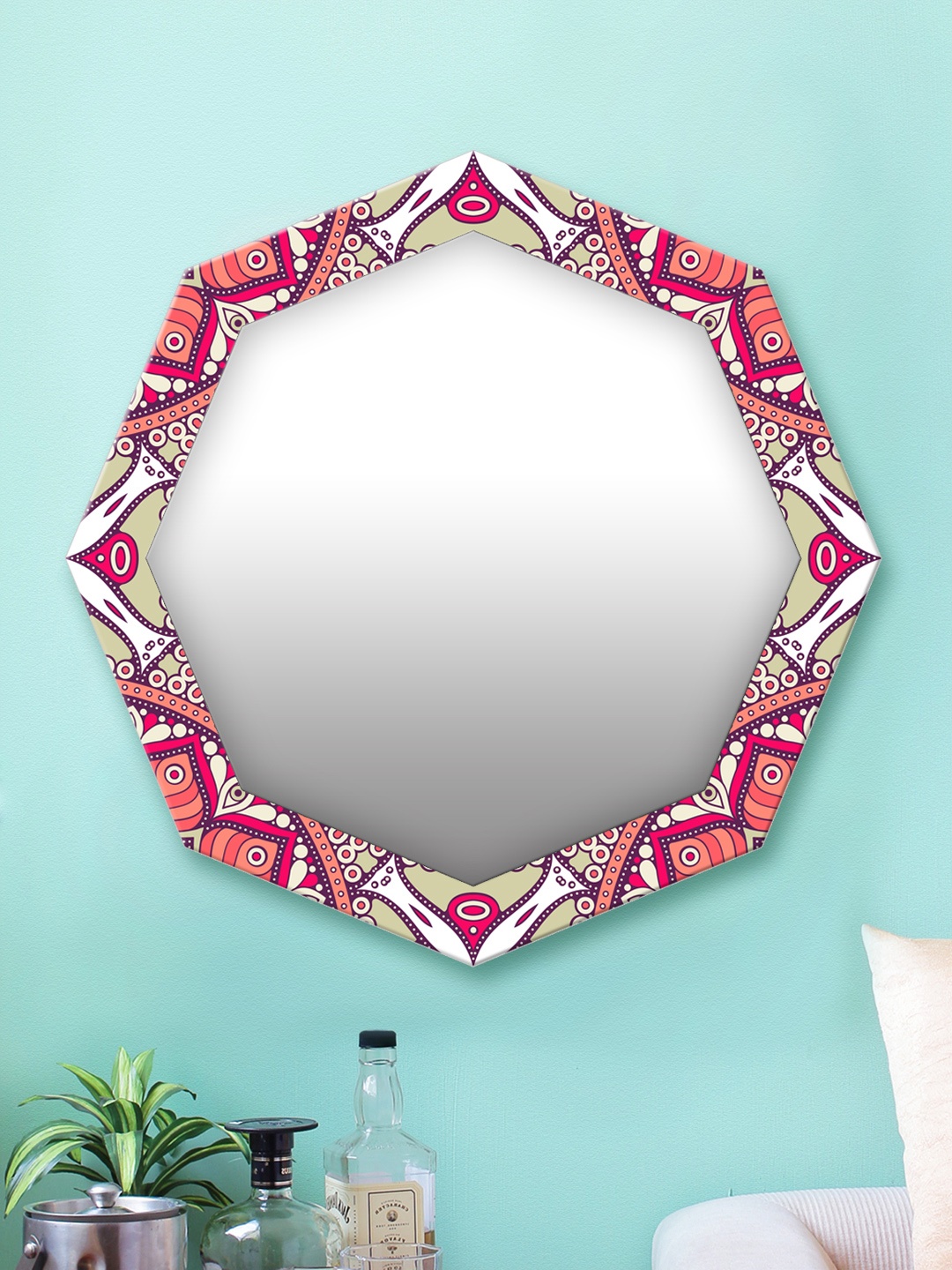

999Store Red & White Printed MDF Wall Mirror