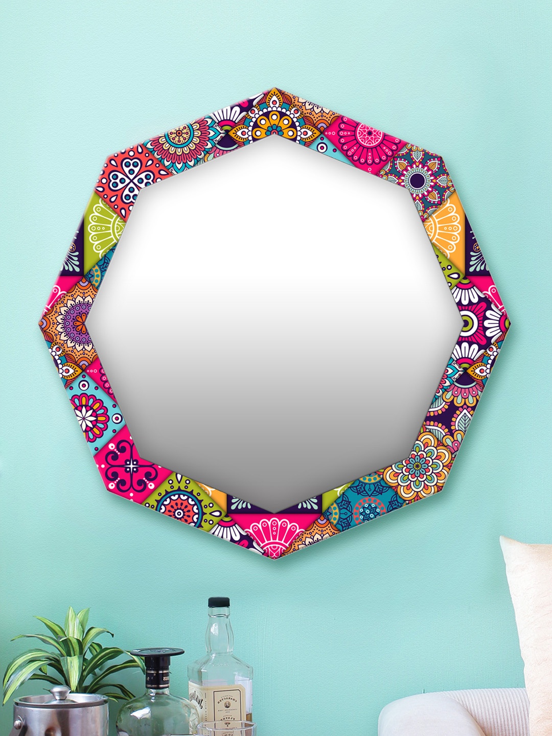 

999Store Multicoloured Printed MDF Wall Mirror, Multi