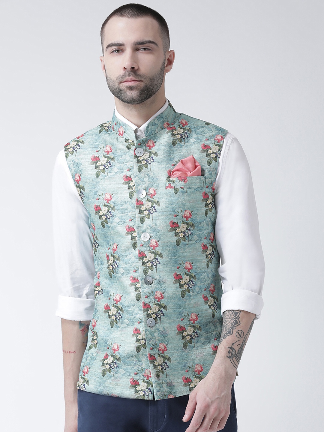

KISAH Men Blue & Green Printed Nehru Jacket
