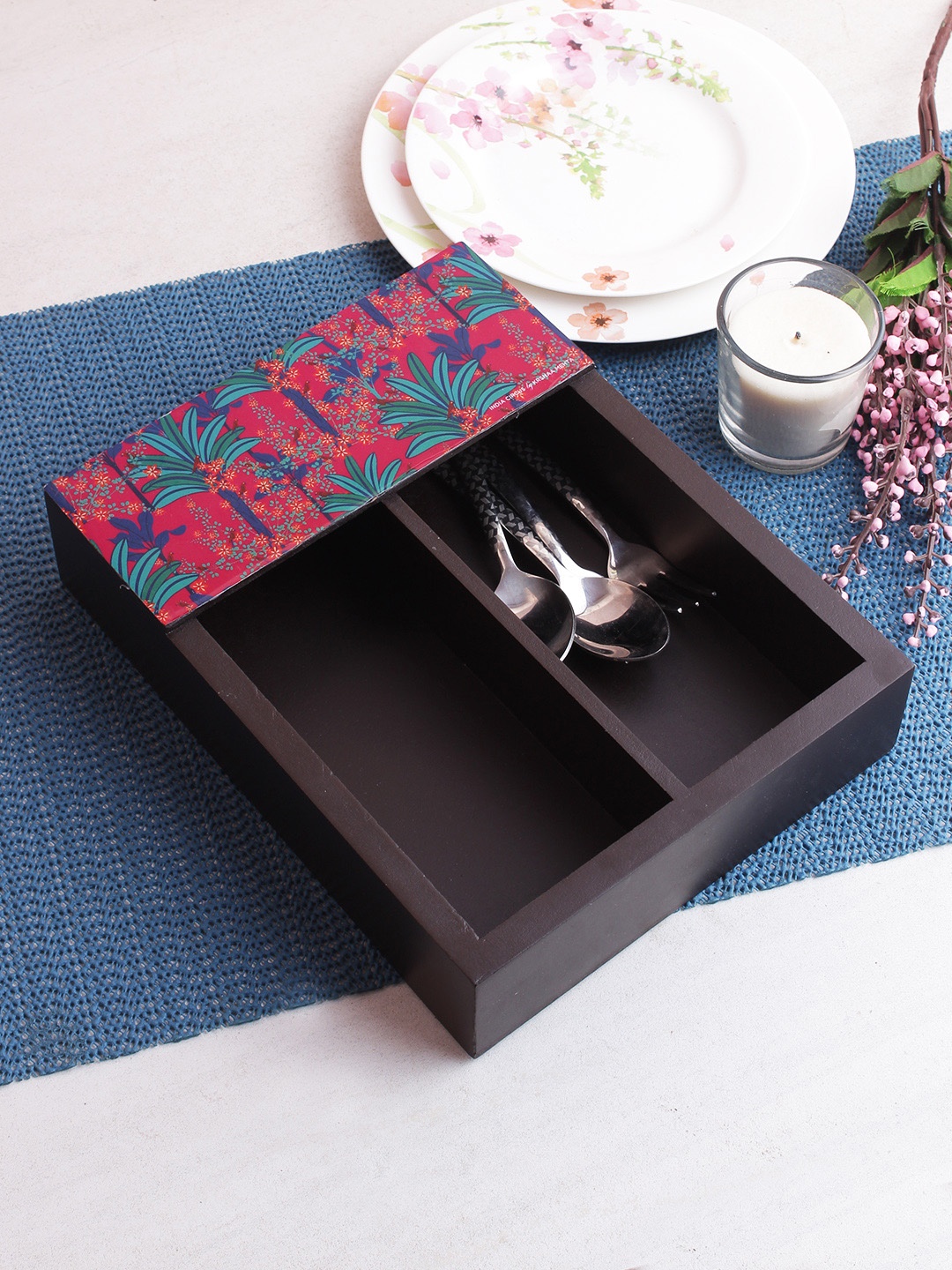 

India Circus by Krsnaa Mehta Fuchsia & Brown Printed Wooden Cutlery Holder