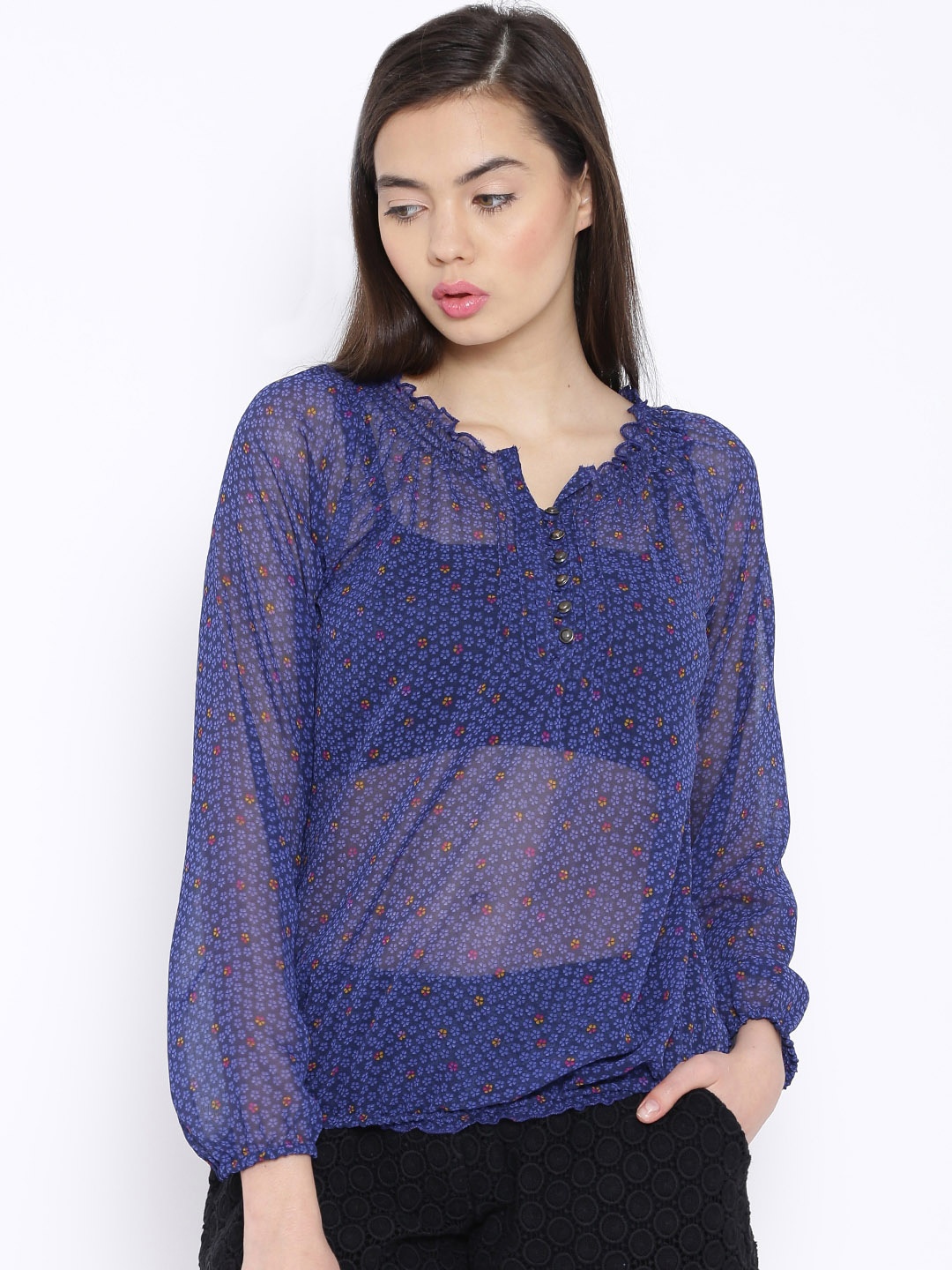 

Sera Women Navy Blue Printed Blouson Top