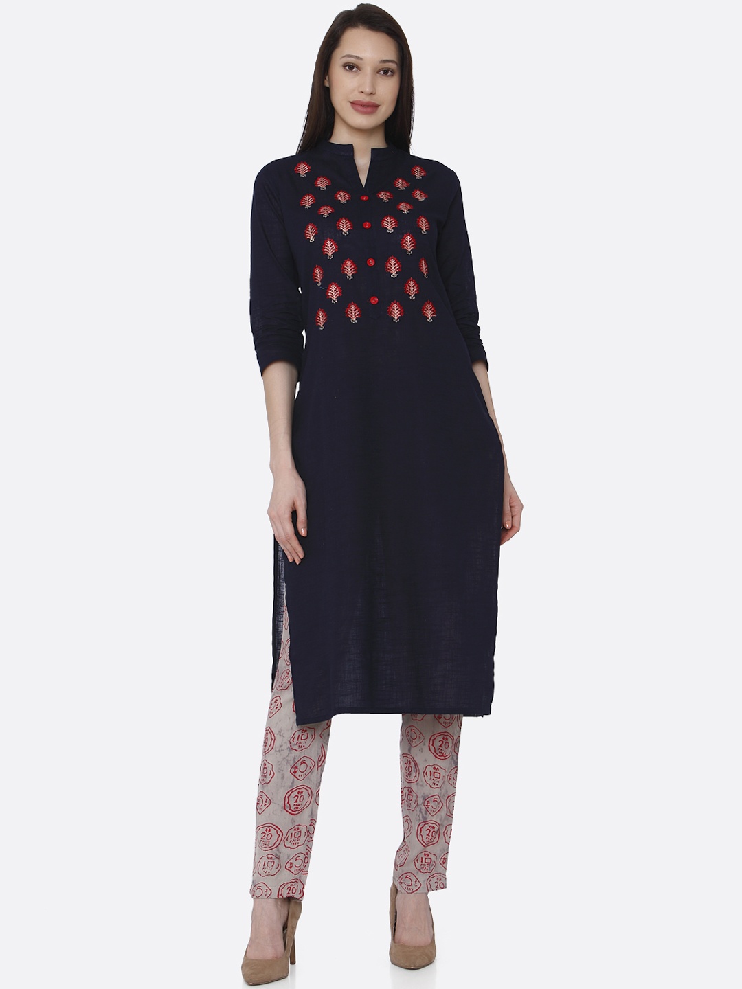 

RAISIN Women Navy Blue Yoke Design Kurta with Trousers