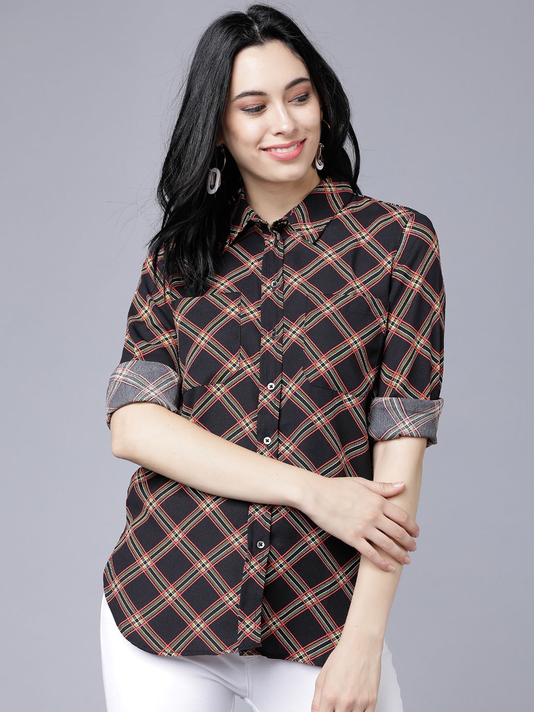 Tokyo Talkies Women Black Regular Fit Checked Casual Shirt