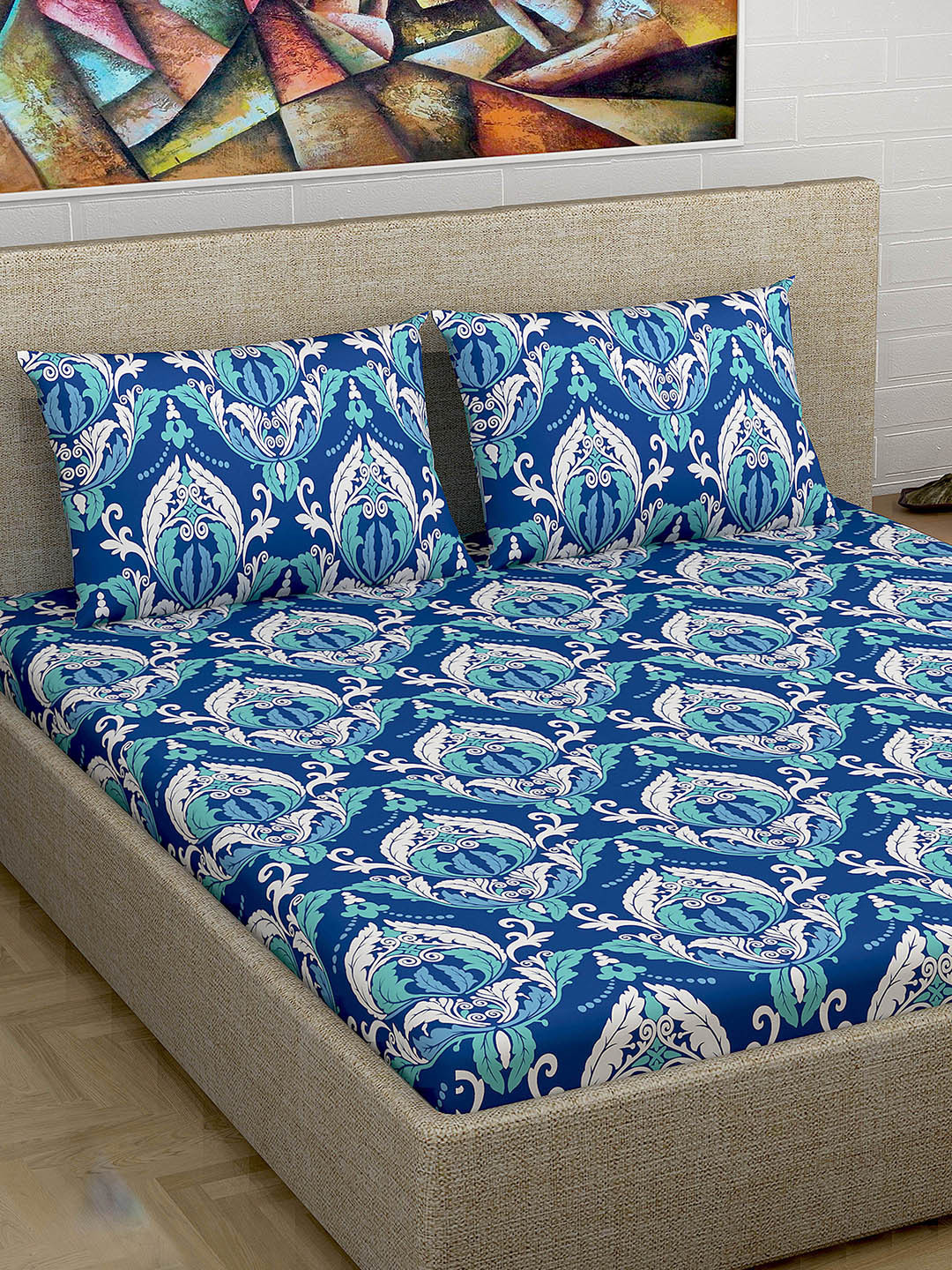

Divine Casa Blue Abstract 180 TC Cotton 1 Queen Bedsheet with 2 Pillow Covers