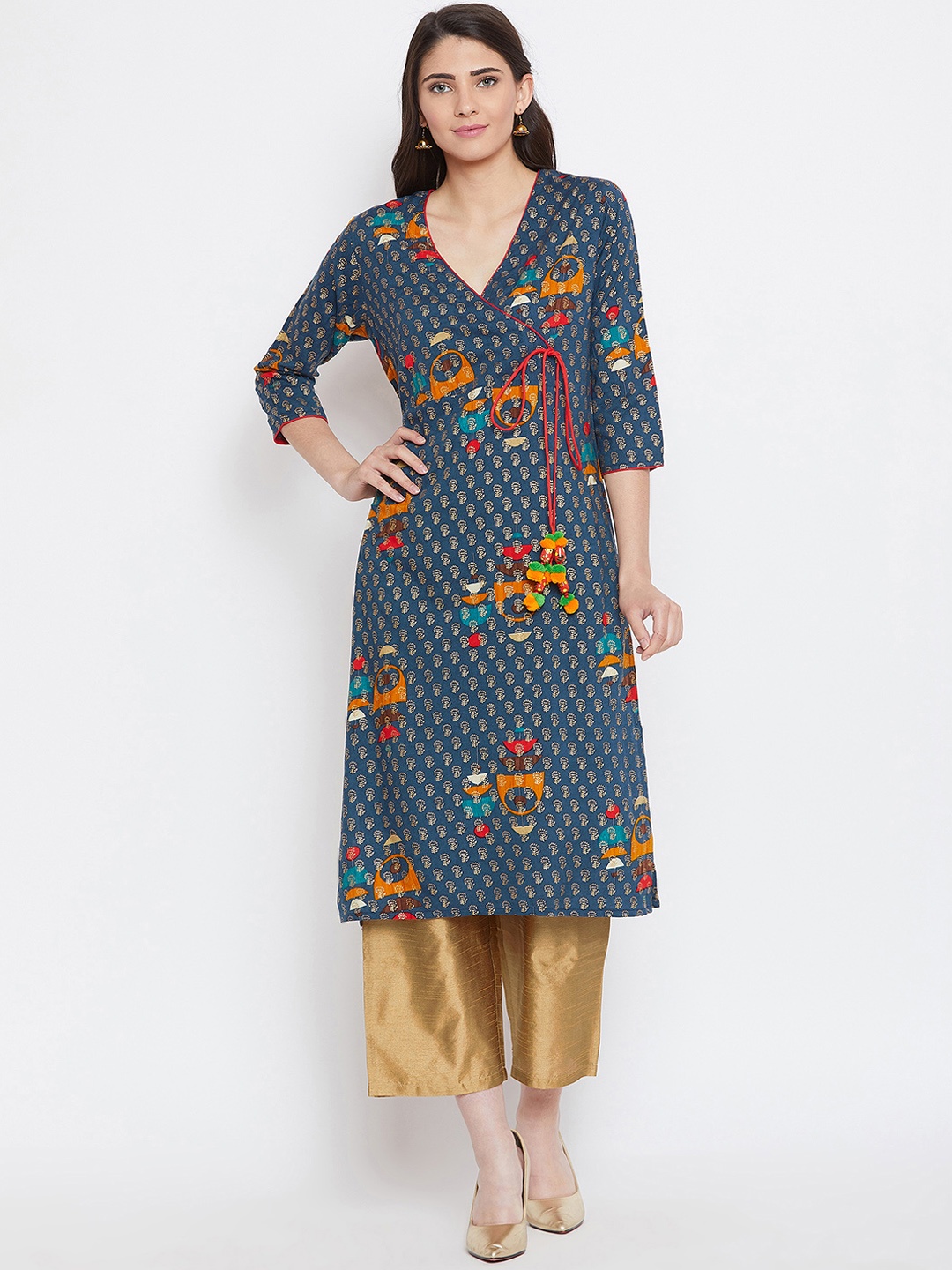 

Bitterlime Women Women Blue & Gold-Toned Printed Kurta with Trousers