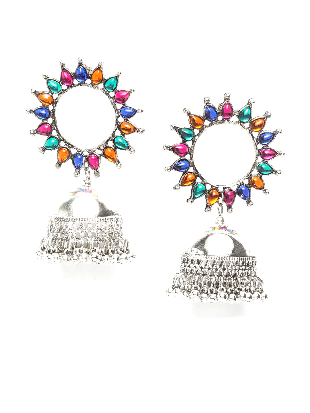 

Moedbuille Multicoloured & Silver-Plated Dome Shaped Jhumkas, Multi