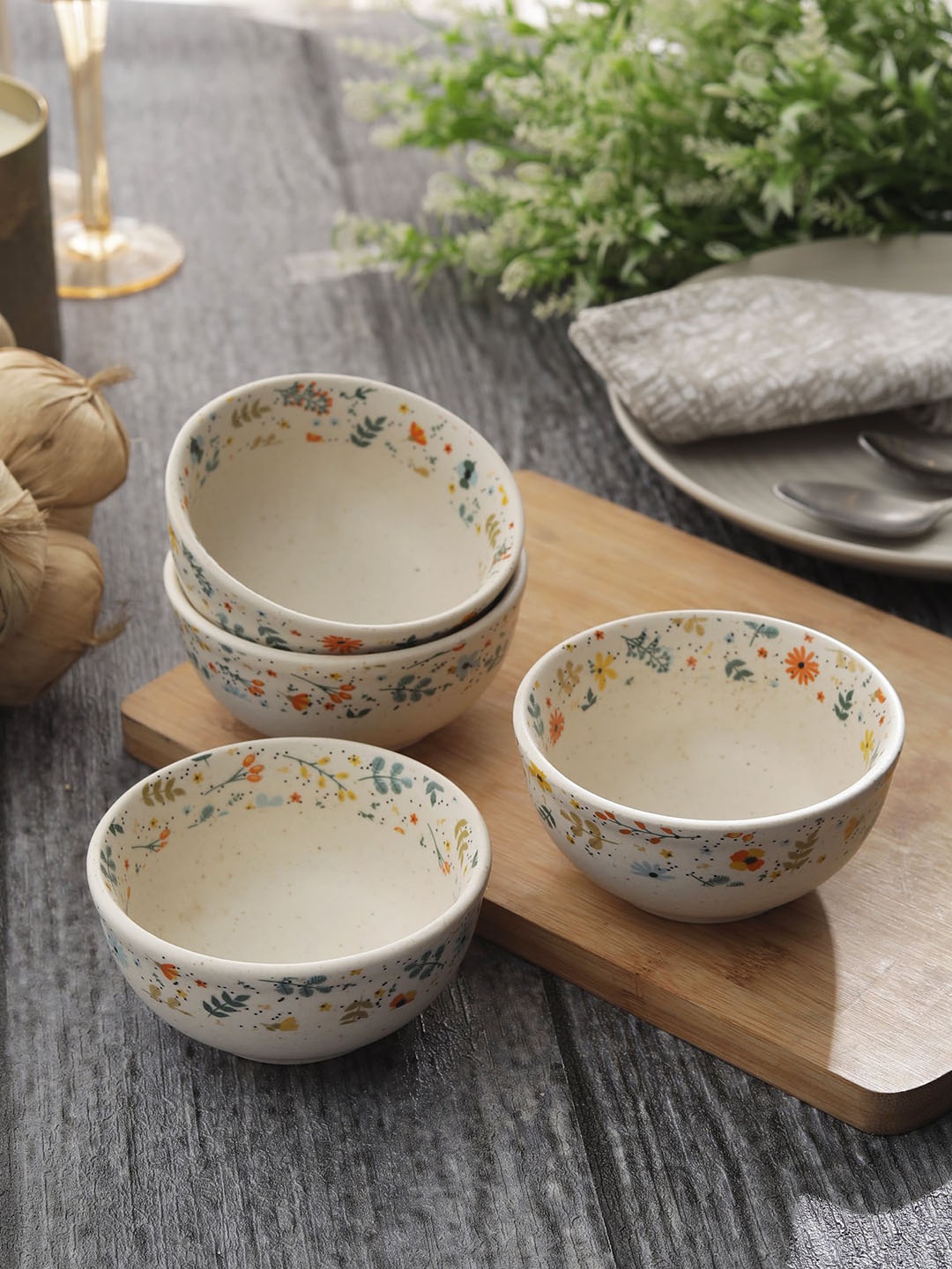 

MIAH Decor Set of 4 Microwave & Dishwasher Safe Matte Printed Stoneware Katori/Dinner Bowl, Beige