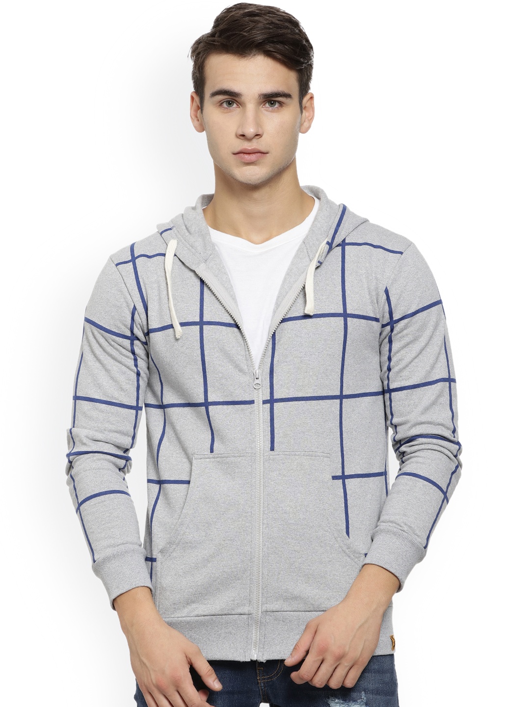 

Campus Sutra Men Grey Checked Hooded Sweatshirt