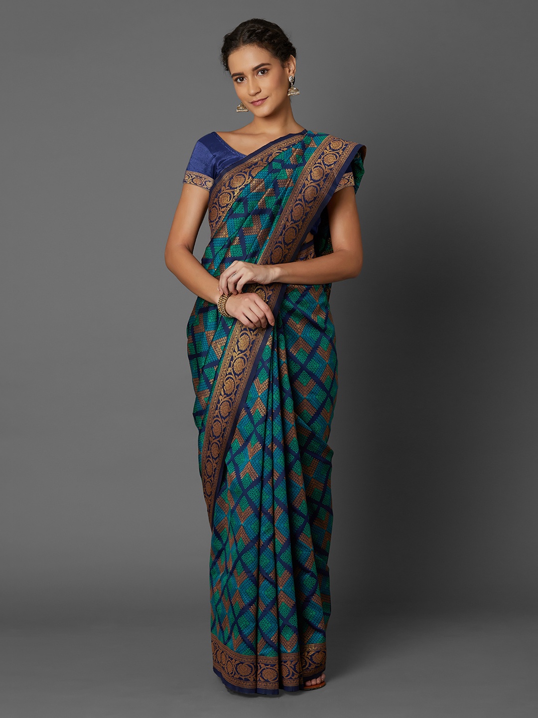 

Mitera Teal Green & Blue Silk Blend Woven Design Banarasi Saree