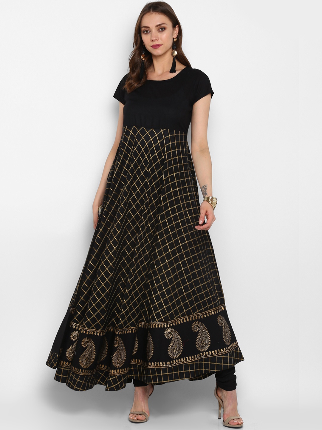 

MBE Women Black & Gold-Toned Checked A-Line Kurta