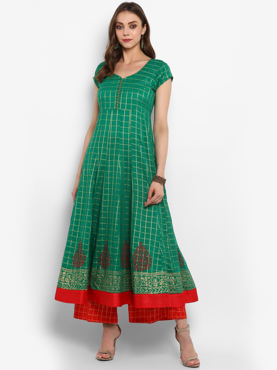 

MBE Women Green Checked Anarkali Kurta