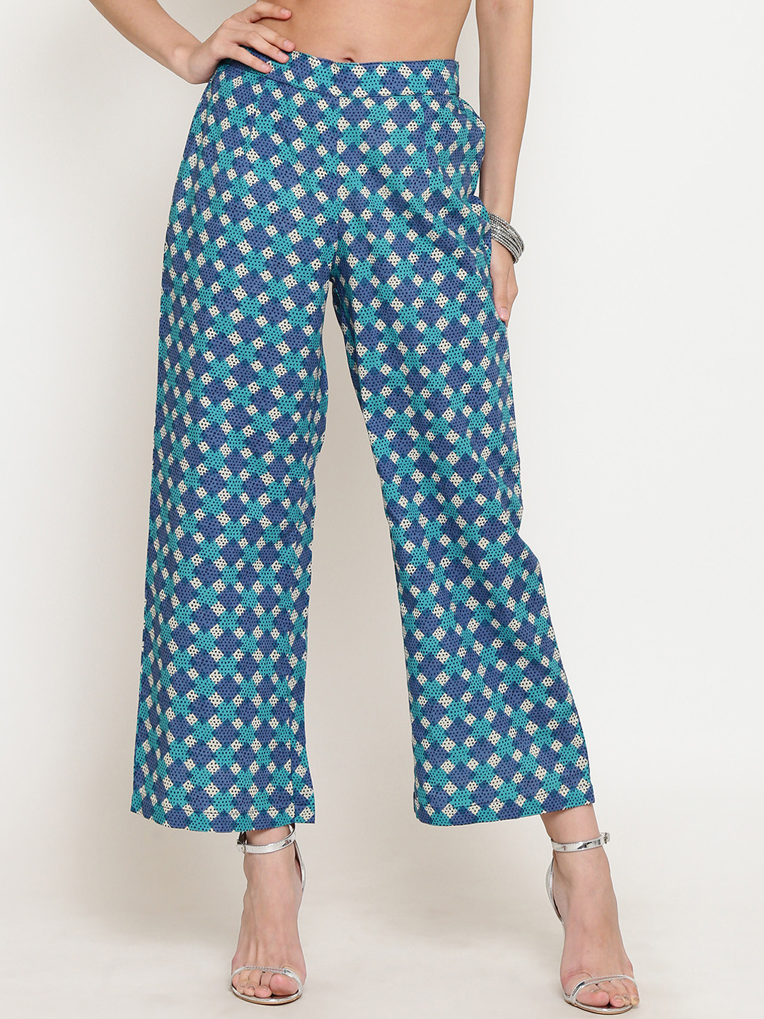 

Sera Women Blue & Green Printed Wide Leg Palazzos