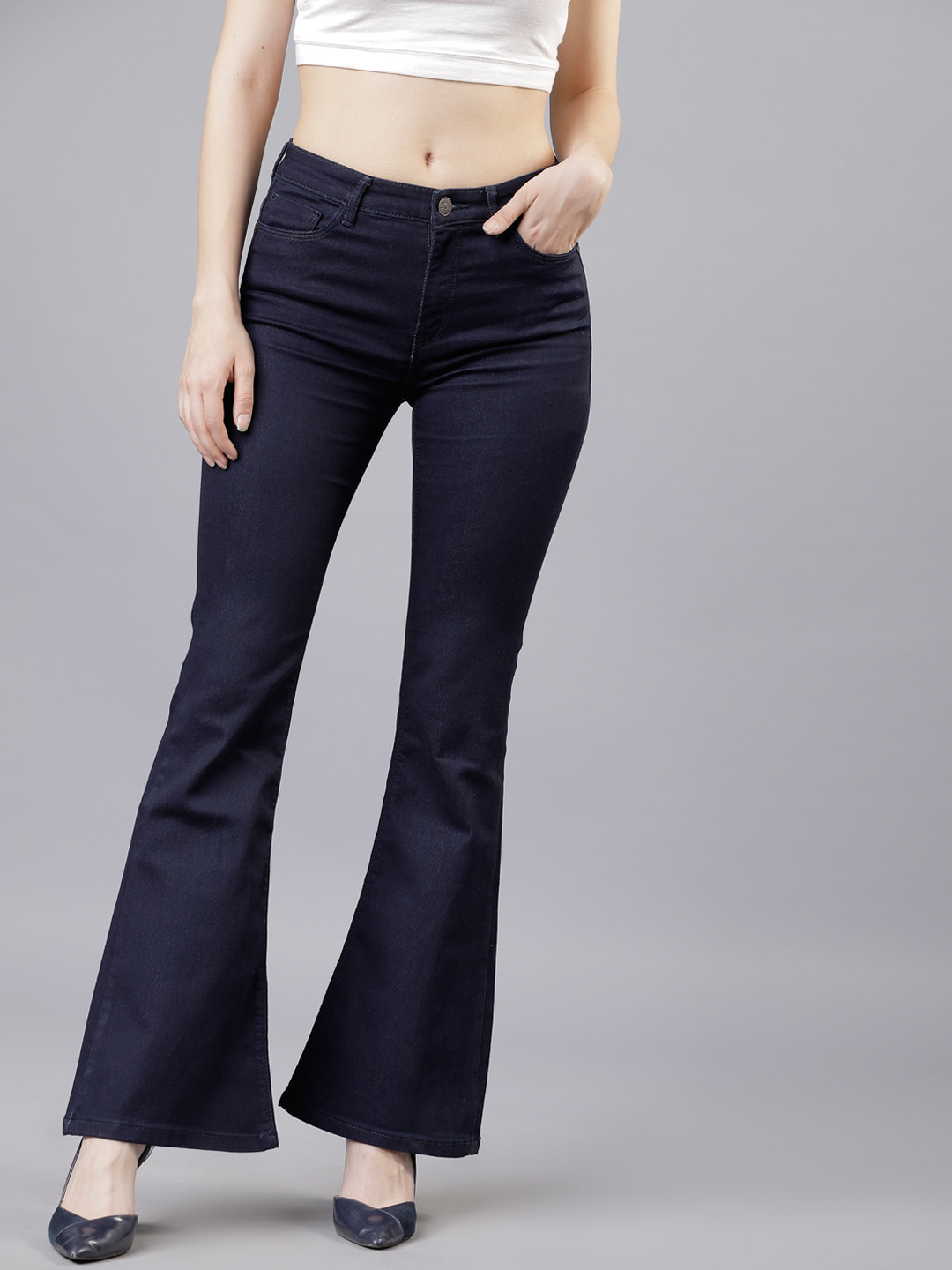 

Tokyo Talkies Women Navy Blue Flared Mid-Rise Clean Look Jeans