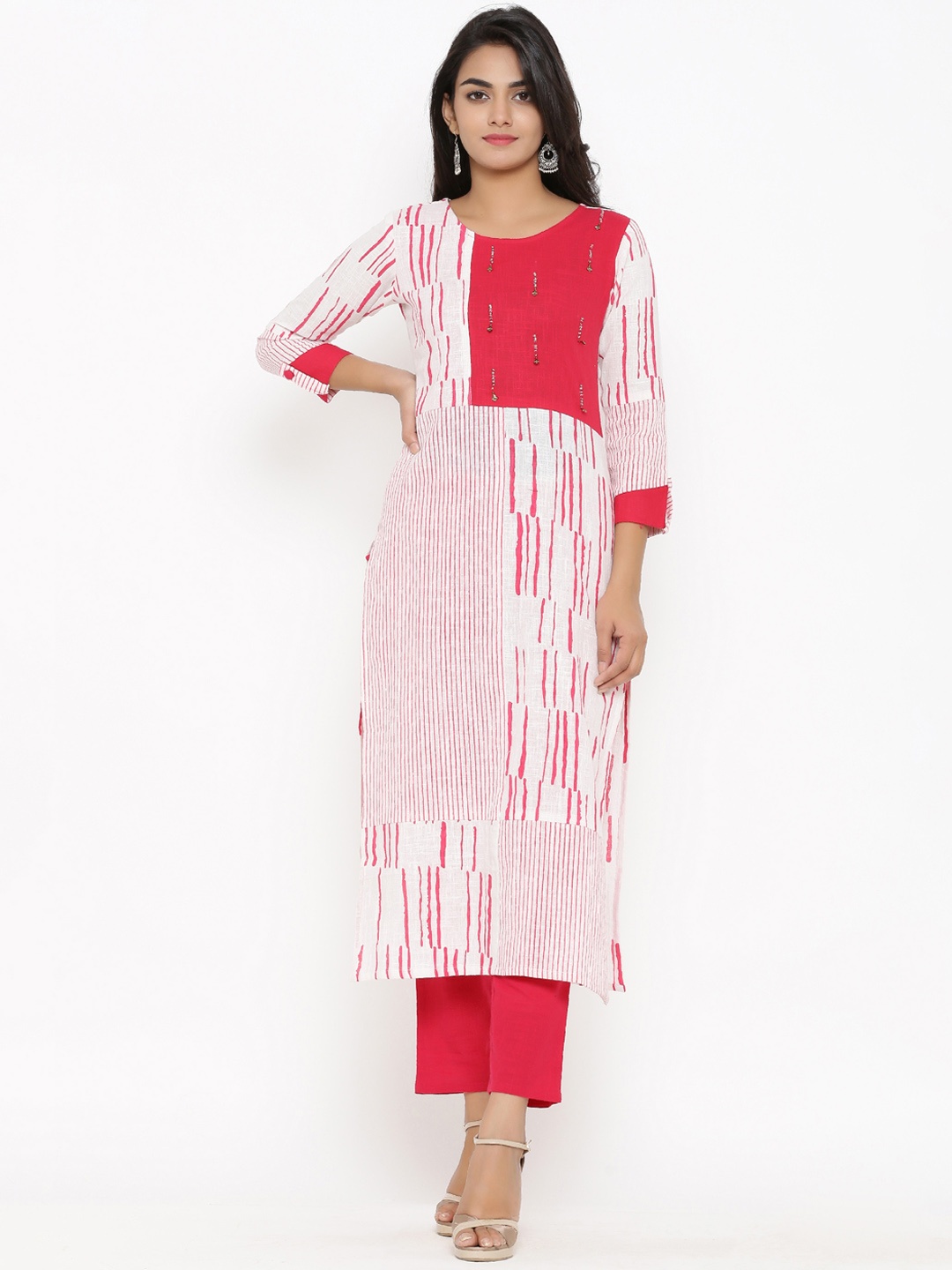 

YASH GALLERY Women White & Pink Striped Straight Kurta