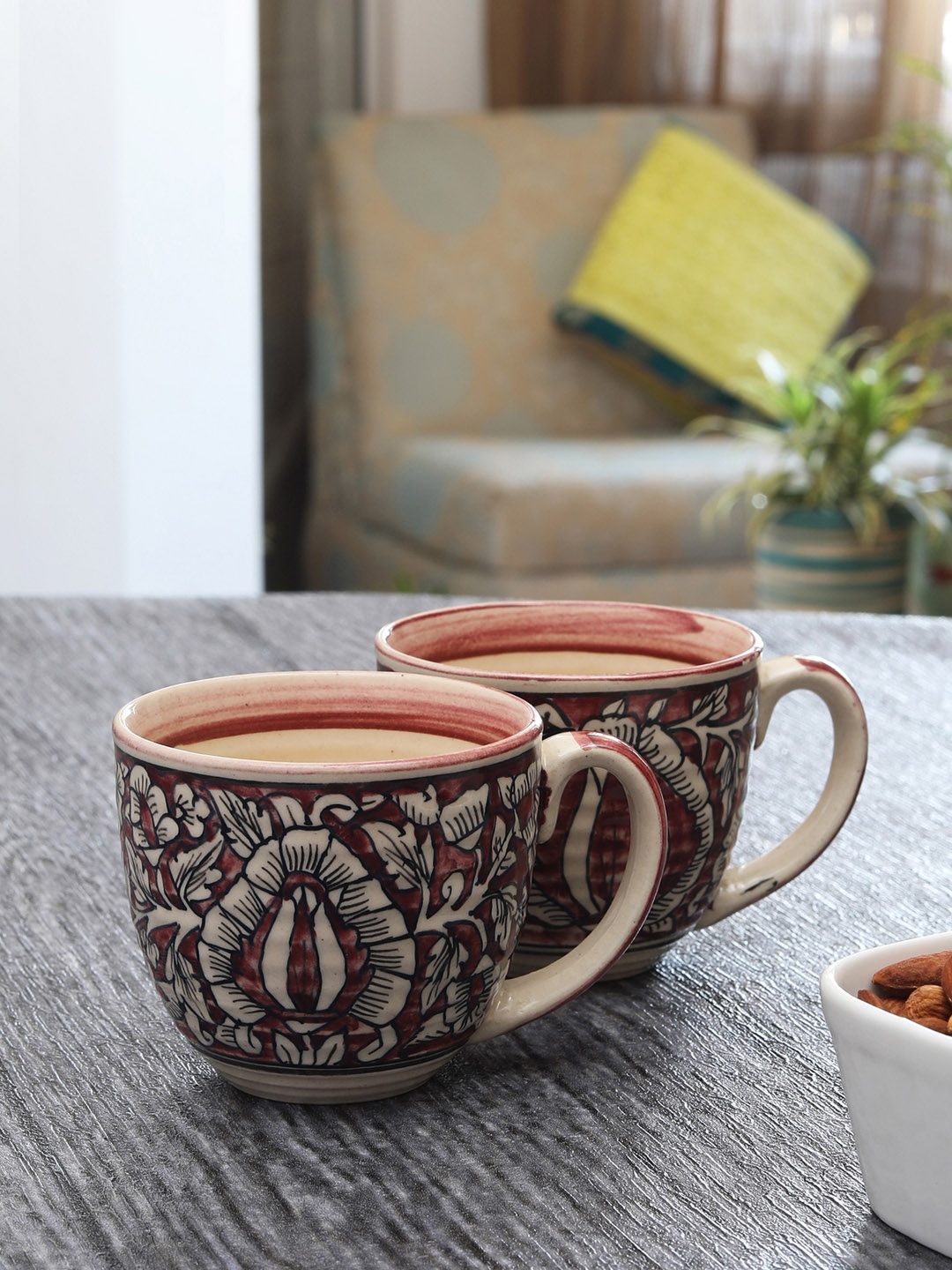MIAH Decor Beige & Maroon 2-Pieces Printed Ceramic Cups Set