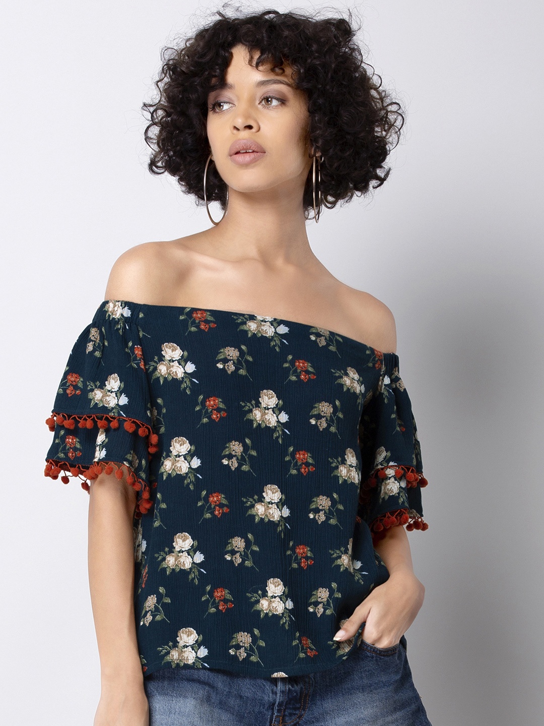 

FabAlley Women Teal Green Printed Bardot Pure Cotton Top