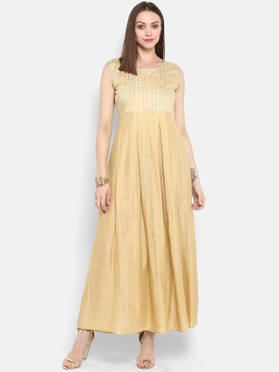 

MBE Women Beige Striped Maxi Dress