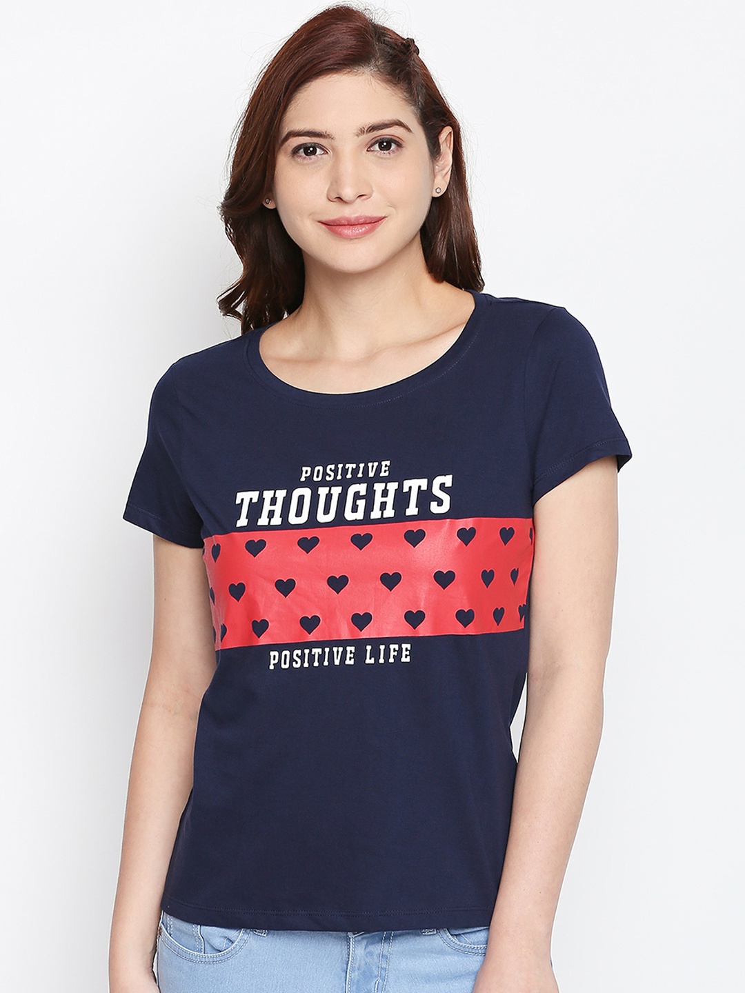 

Honey by Pantaloons Women Navy Blue Printed Round Neck Pure Cotton T-shirt