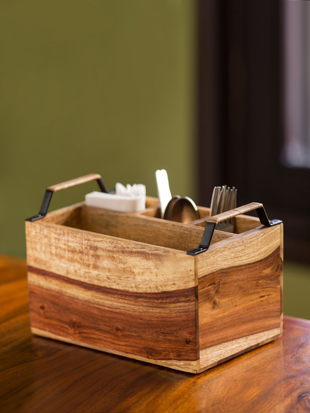 

ExclusiveLane Brown Cane Handwoven Sheesham Wooden Cutlery & Napkin Holder