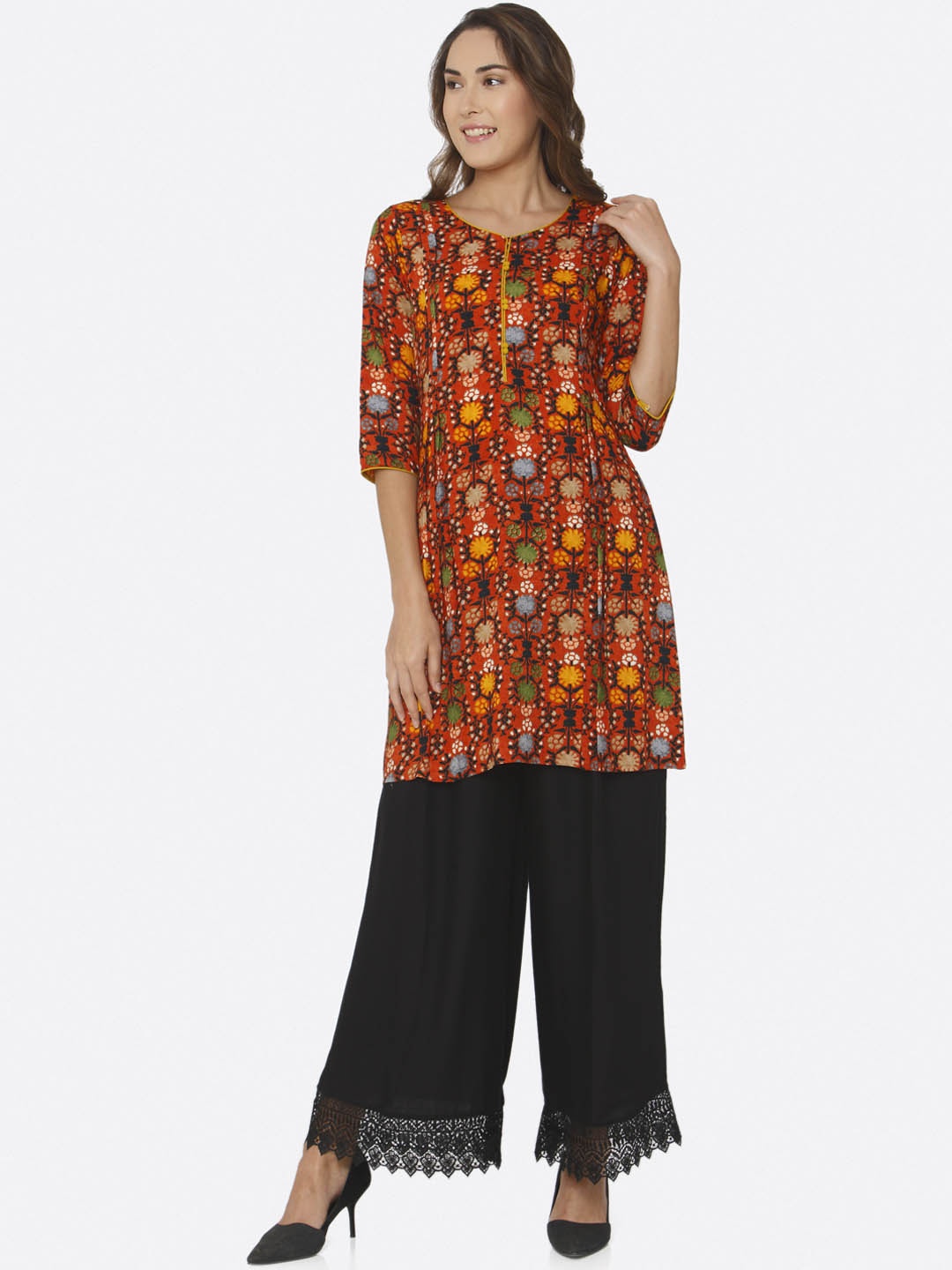 

shiloh Women Orange Floral Printed A-Line Kurta