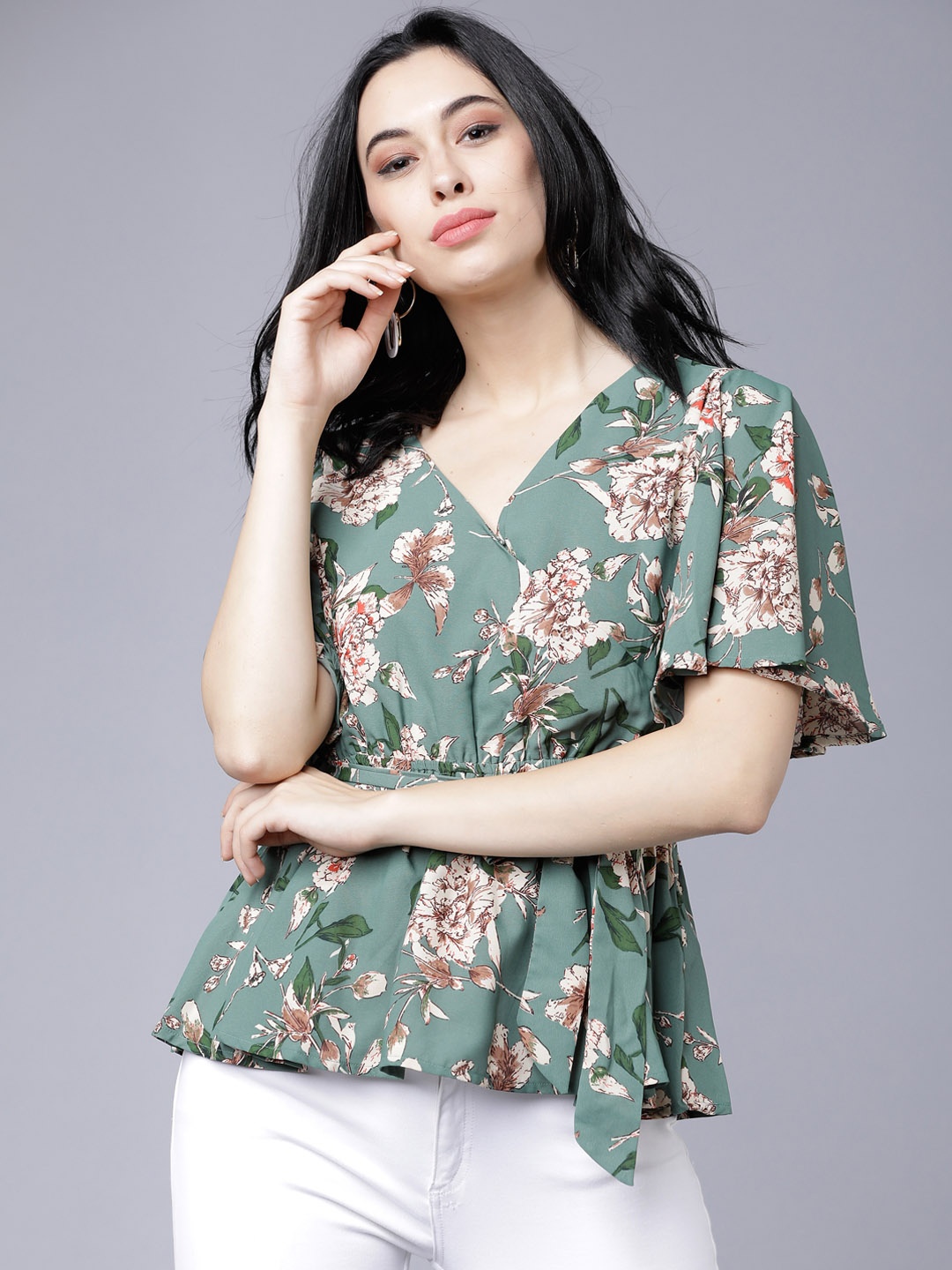 

Tokyo Talkies Women Teal Green Printed Wrap Top