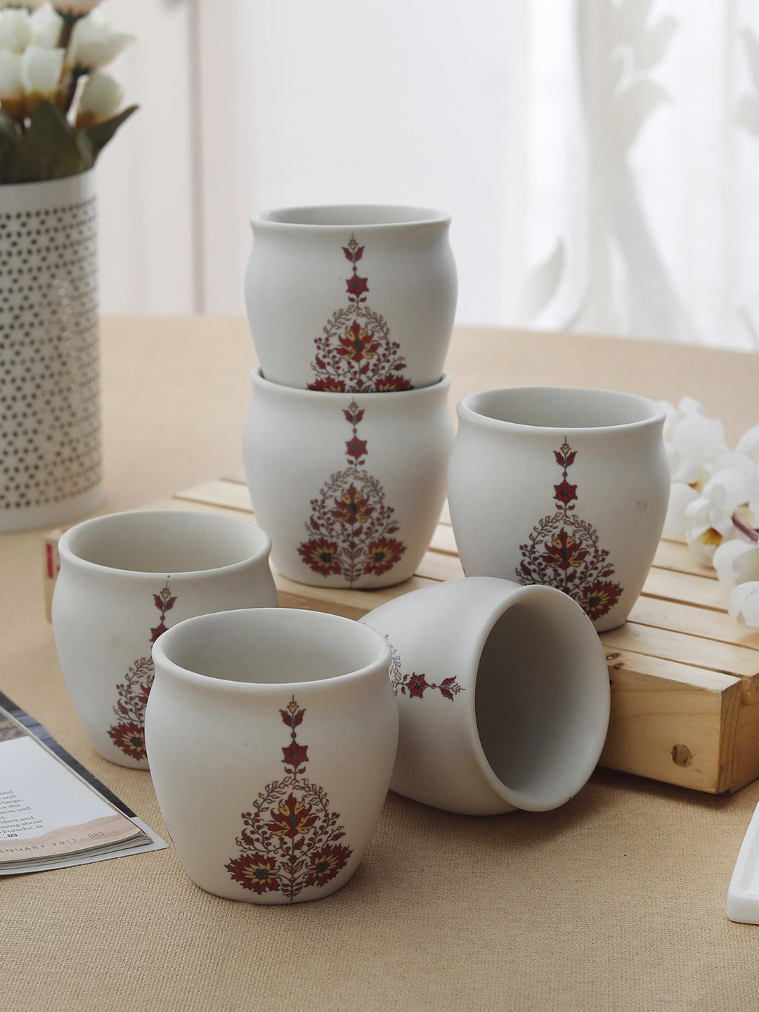 

MIAH Decor Beige Set Of 6 Printed Ceramic Kullad Mugs