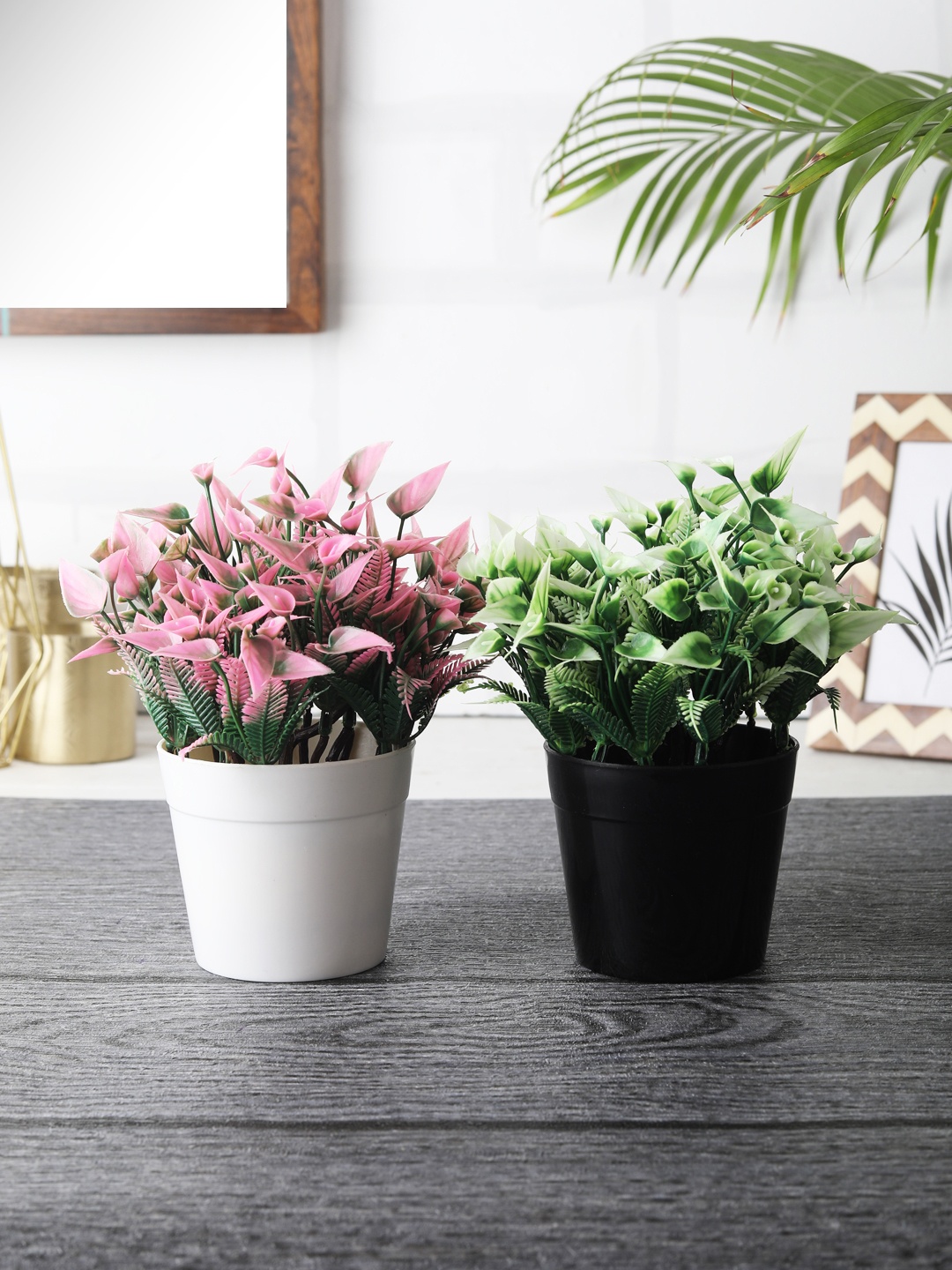 

FOLIYAJ Set of 2 Green & Pink Artifical Plants With Pots