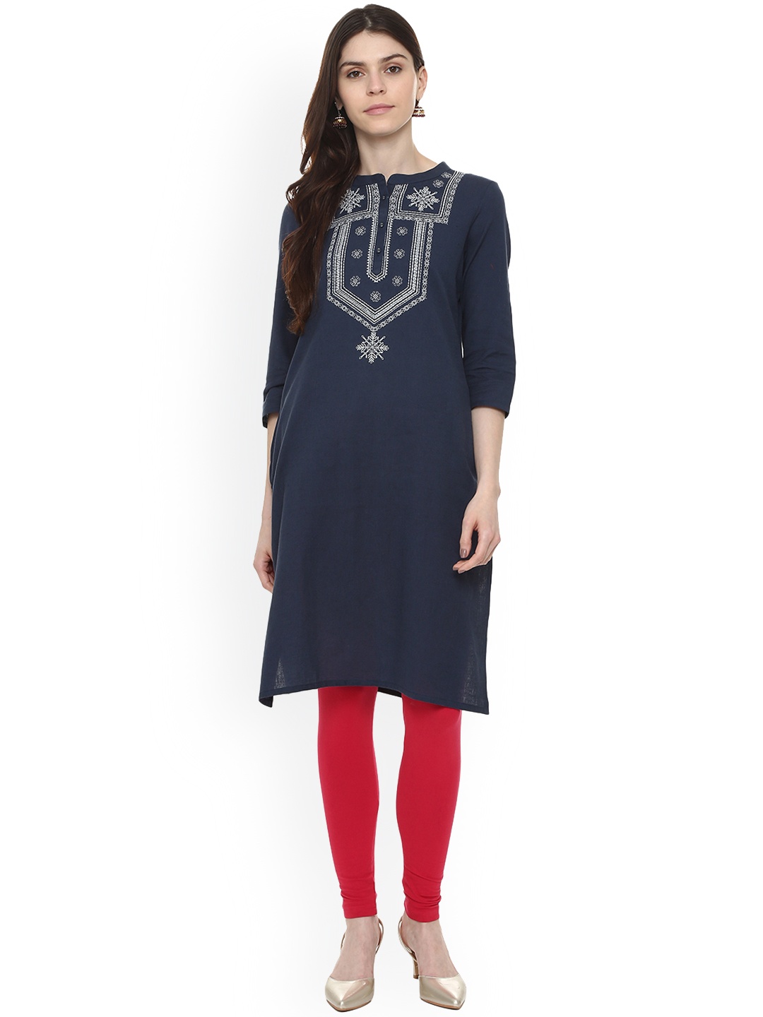 

People Women Navy Blue Yoke Design Straight Kurta