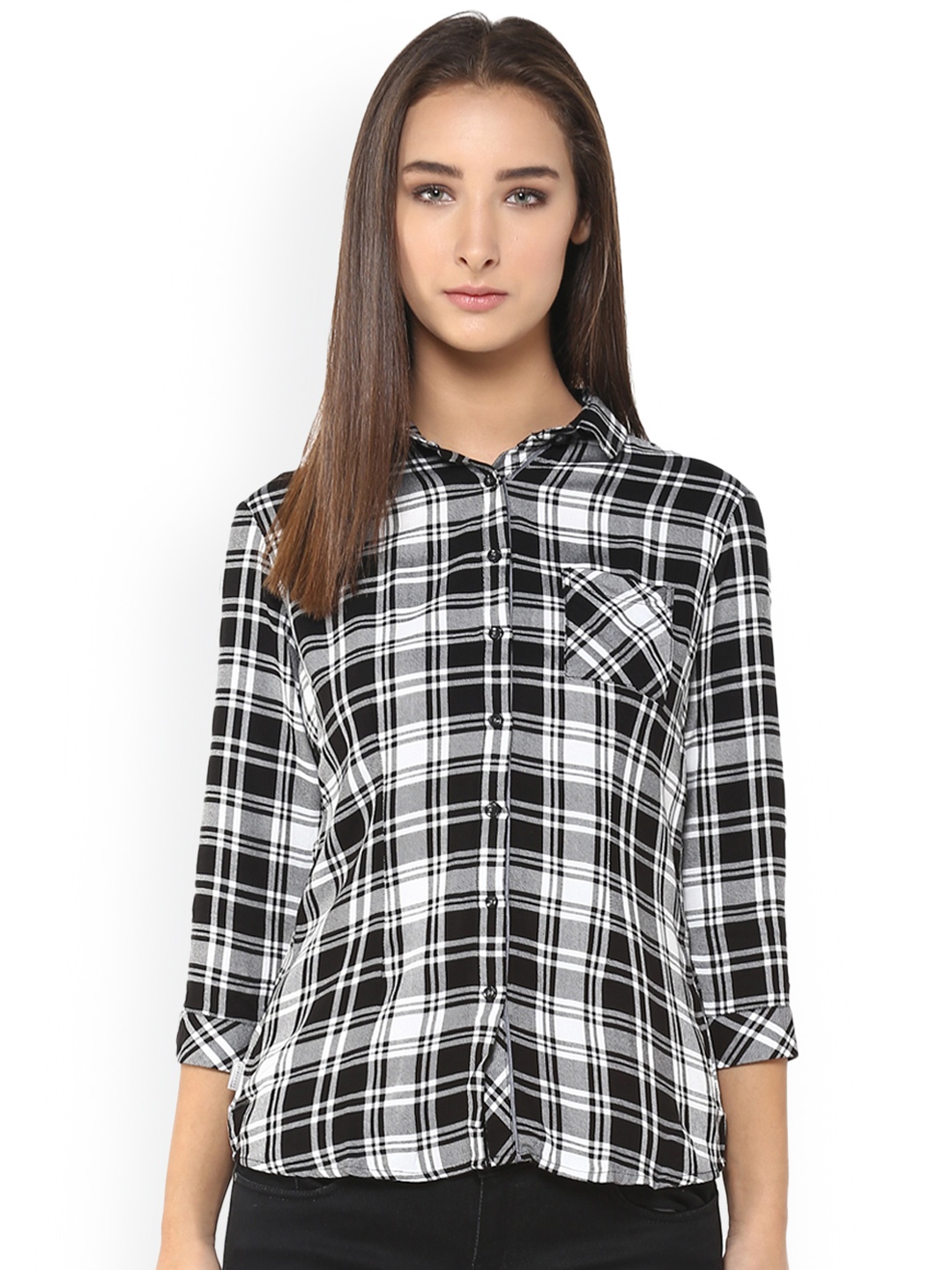 Crimsoune Club Women Black & White Slim Fit Checked Casual Shirt