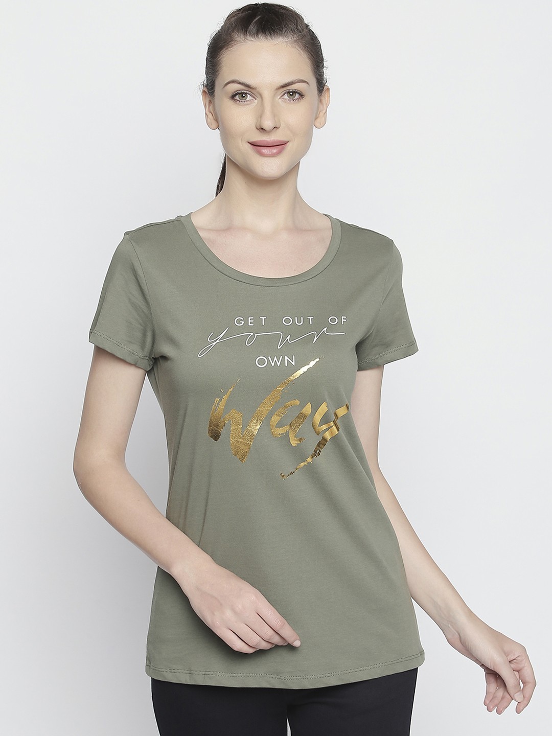 

Honey by Pantaloons Women Olive Green Printed Round Neck Pure Cotton T-shirt