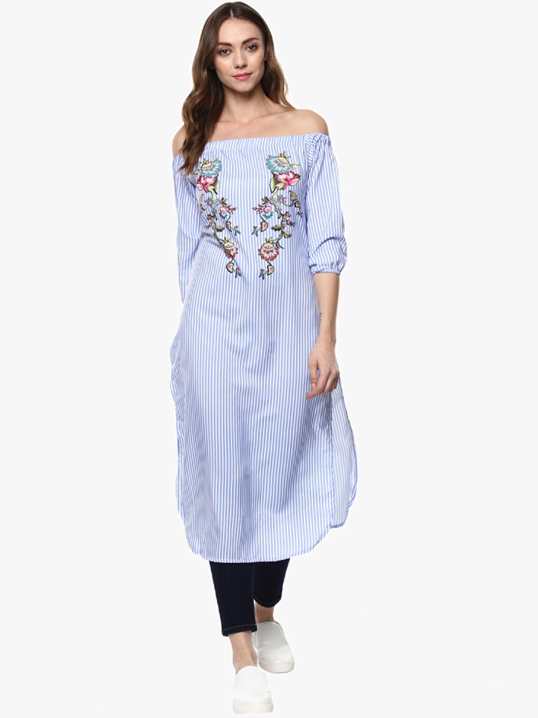 

ZIYAA Women Blue & White Striped Straight Kurta