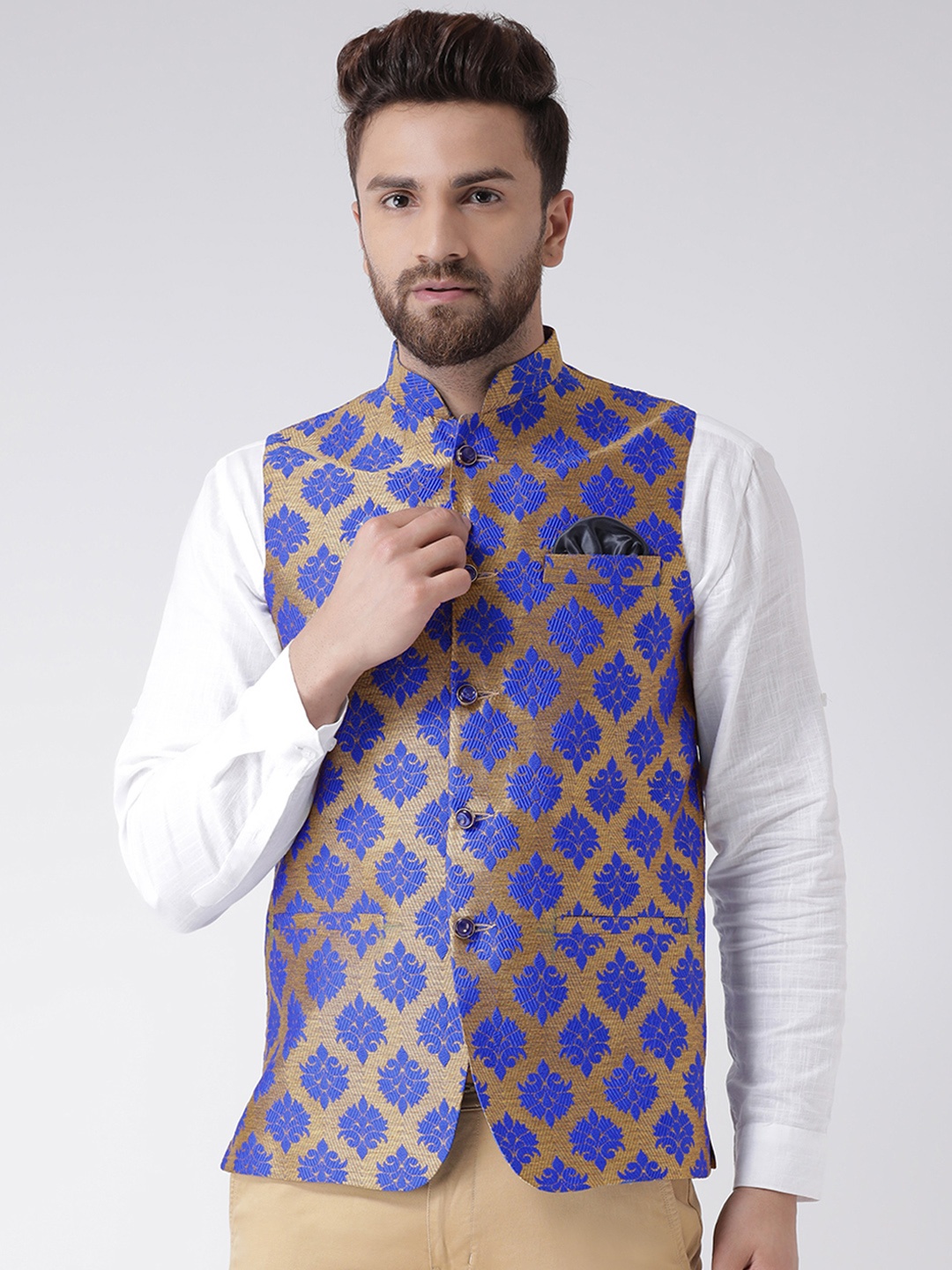 

Hangup Men Blue & Brown Woven Design Nehru Jacket