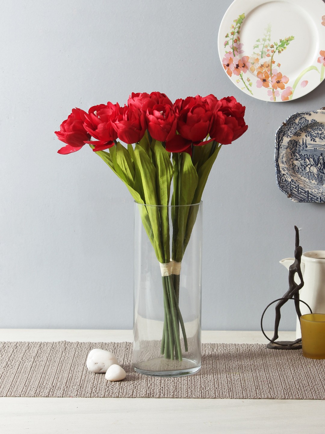 

Fourwalls Set of 2 Red & Green Artificial Tulip Flower Bunches Without Pot