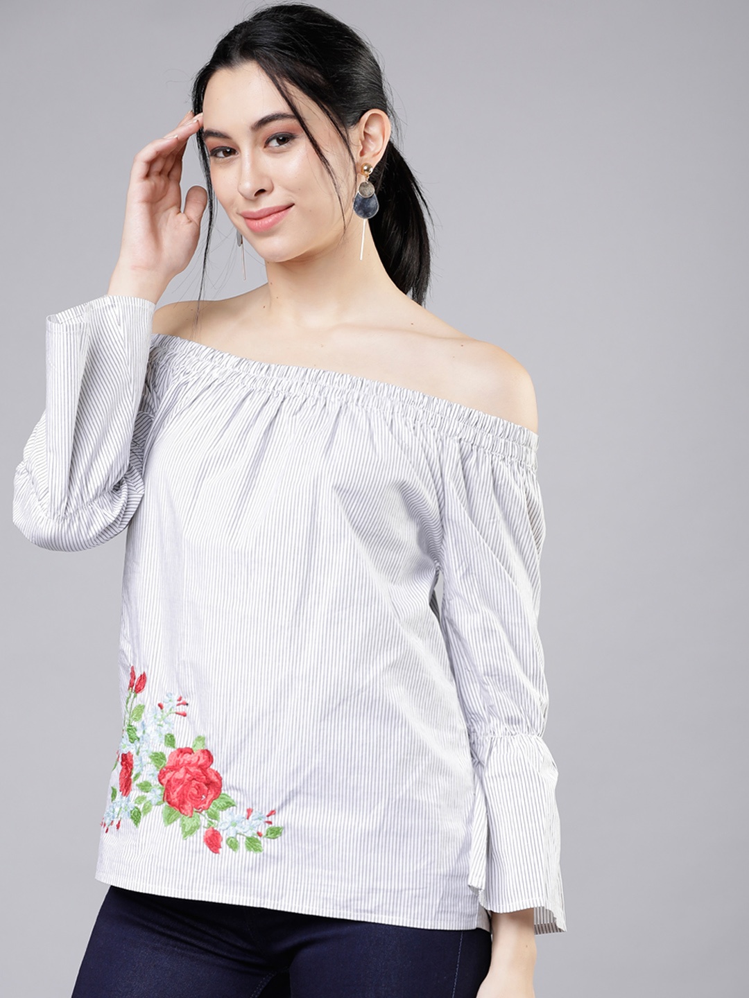 Tokyo Talkies Women Blue Striped Bardot Top