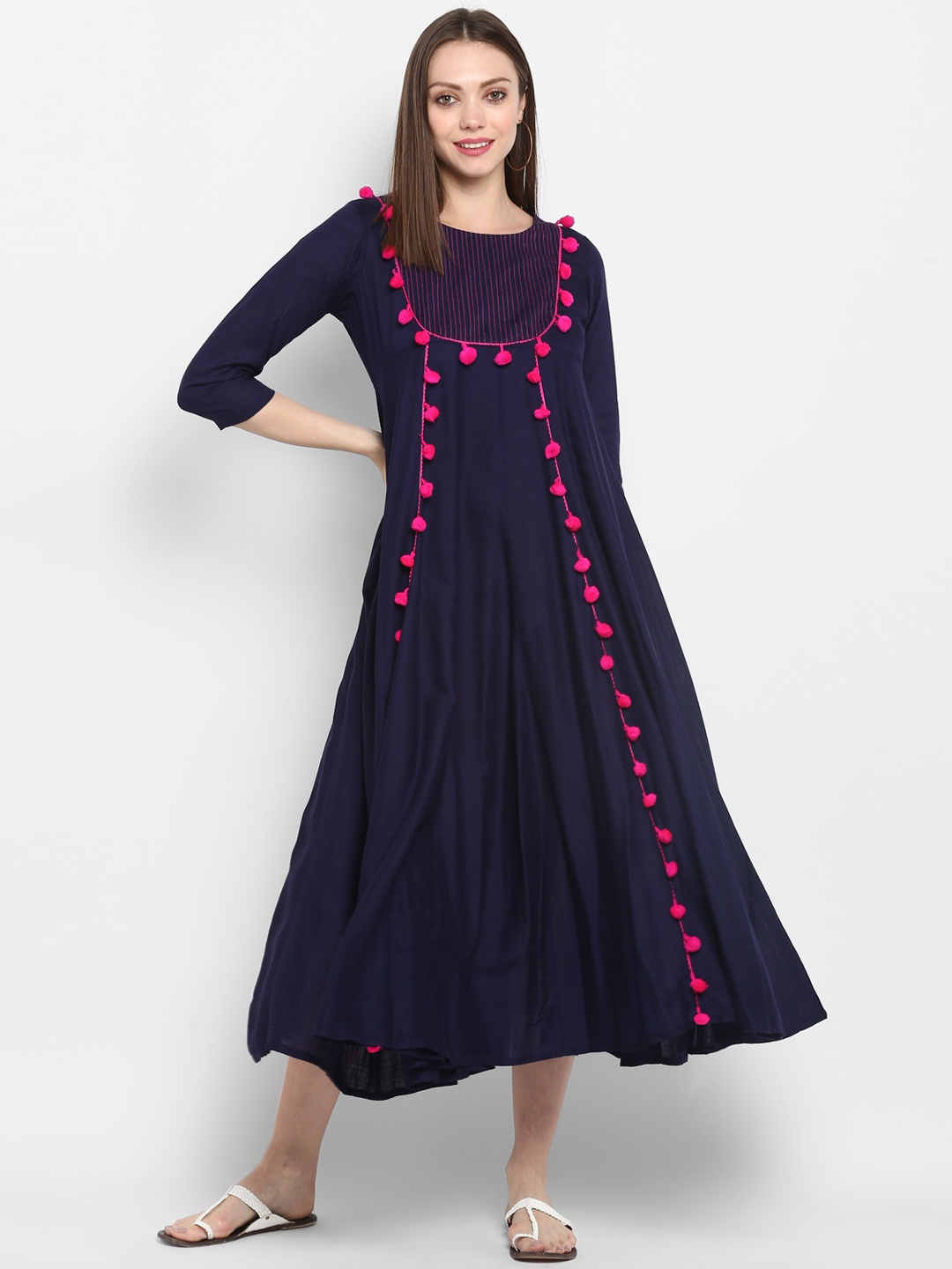 

MBE Women Navy Blue Solid A-Line Dress