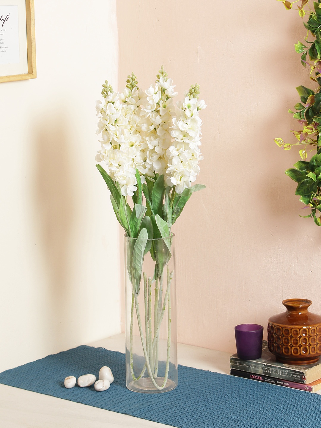 

Fourwalls Set of 4 White & Green Artificial Single Stock Flower Stems without Pot